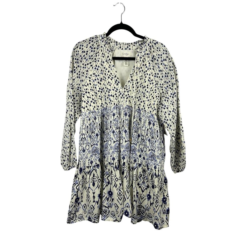 Jessica Simpson Dress Women L Blue 100% Cotton Tiered Babydoll Boho Prairie